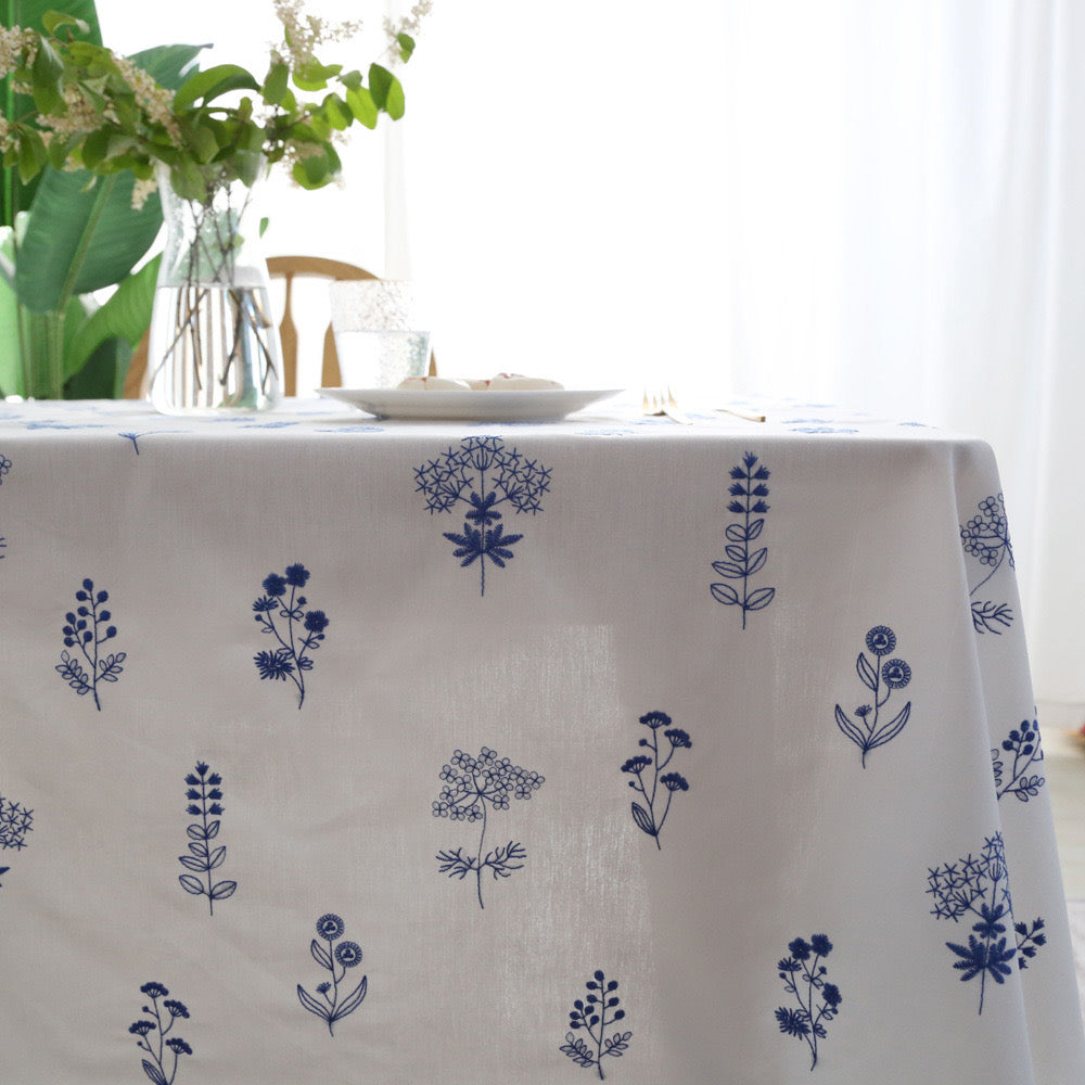 Blue Floral Embroidered Cotton Tablecloth – Blue Blossom Collection