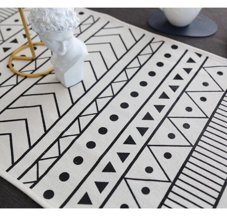 Black & White Boho Geometric Table Runner – Moroccan Style Cotton Blend