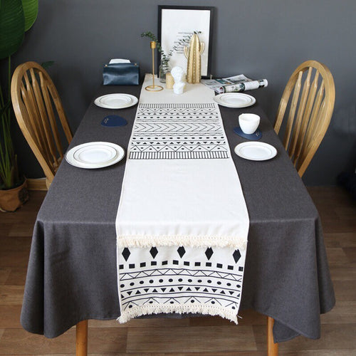 Black & White Boho Geometric Table Runner – Moroccan Style Cotton Blend