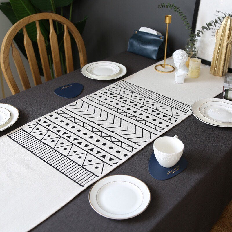 Black & White Boho Geometric Table Runner – Moroccan Style Cotton Blend